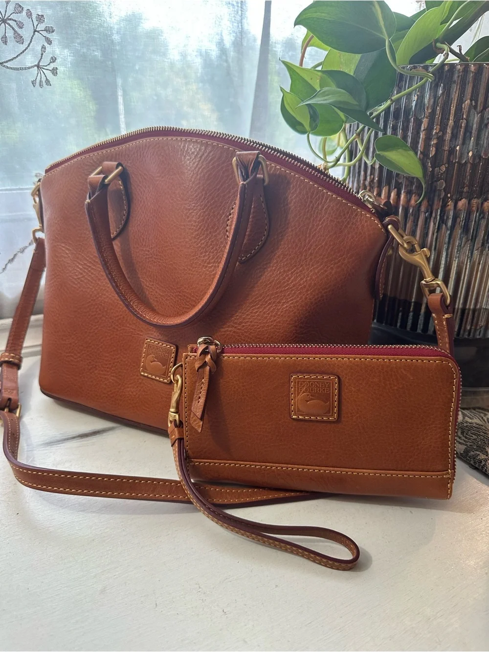 Dooney & Bourke Soft Cognac Pebbled Leather Satchel and Wristlet Set